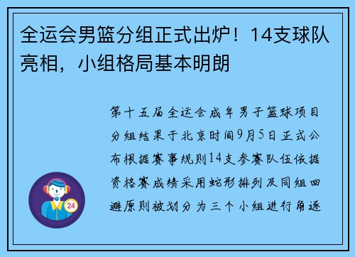 全运会男篮分组正式出炉！14支球队亮相，小组格局基本明朗